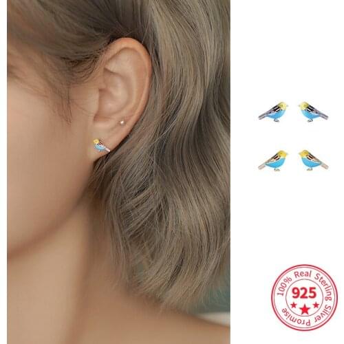High Quality 100% 925 Sterling Silver Animal Jewelry Fashion Cute Color Birds Stud Earrings For Women Daughter Girls Gift