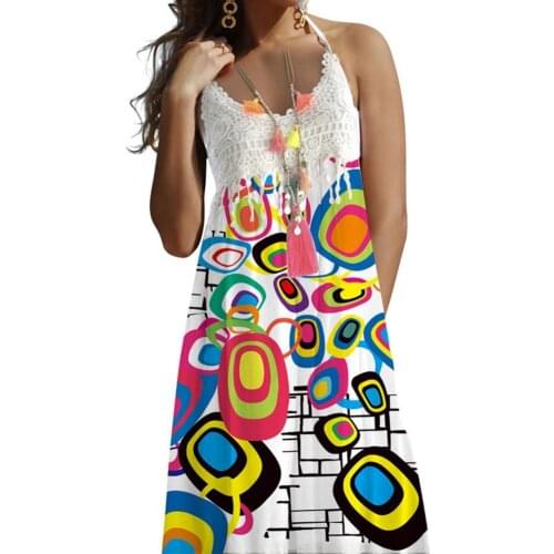 Women Floral Print Crochet Lace hot sexy Sleeveless Large Swing Loose Midi Sling print decorated Dress платье 2021 Summer