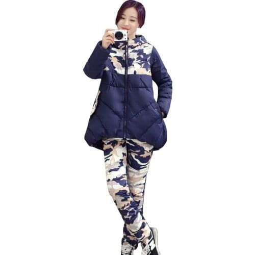 Winter Womens Long Hoodie Thickening Suits 2017 New Warm Cotton Jacket + Wadded Trousers Fashion Large Size Two Piece Set WZ152