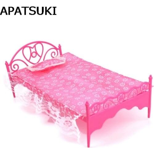 1:6 Children Toys Dollhouse Plastic Bed For Barbie With Lace Bed Sheet and Pillow Furniture for Barbie Dollhouse Furniture Gift