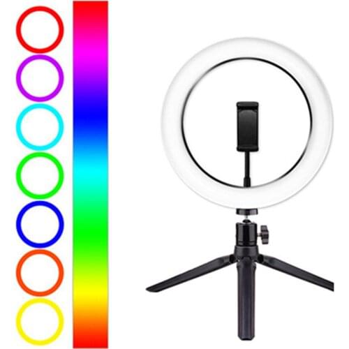 10inch/26cm RGB Ring Light LED Fill-in Light Dimmable 3500K-6500K USB Powered with Ballhead Adapter Phone Holder Desktop tripod