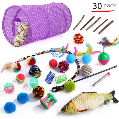 28/30pcs Cat Toy Tunnel Funny Cat Stick Bells Catnip Pet Interactive Play Tube Ball Feather Mice Fish Kitten Chew Toy