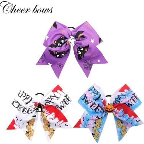 7 Inch Cheer Bows Halloween Hairbows Elastic Hair Bands Girls Ponytail Holder Printed Bowknot Ribbon Hair Accessories