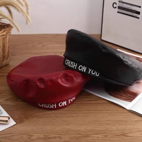 Faux Leather Berets Retro Women Hats CRUSH ON YOU letters Autumn Winter Fashion Solid Color Cap Baret Hat Gifts For Women Girls
