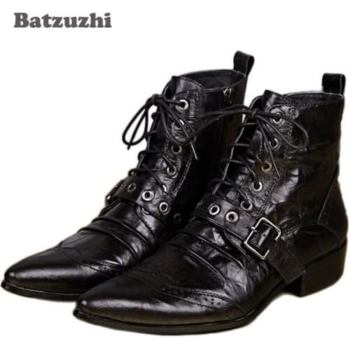 Batzuzhi New Mens Leather Boots Designer Black Ankle Lacing Up Buckle Strap Pointed Toe Short Motorcycle Boots Men, EU38-46