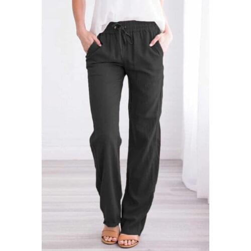 Blue/Black Solid Drawstring Elastic Waist Pockets Long Straight Legs Pants Women Summer Autumn Plus Size S-XL Casual Loose Pants