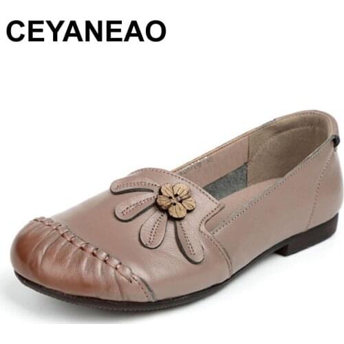 CEYANEAOEthnic Mother Genuine Split Leather Loafers Women Flat Round Toe Soft Sole Paltform Non-Slip Retro Ladies Shoes Zapatos