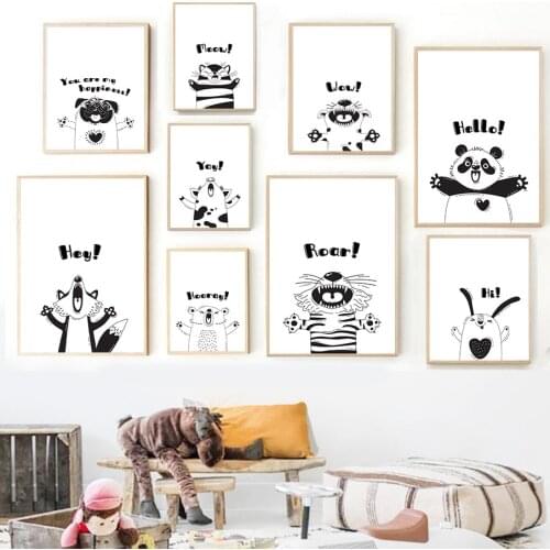 Black White Cartoon Panda Bear Fox Tiger Wall Art Canvas Painting Nordic Posters And Prints Wall Pictures Baby Kids Room Decor