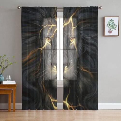 Lion Black Window Curtains Bedroom Modern Drape Sheer Tulle Valances Living Room Kitchen Voile Curtain