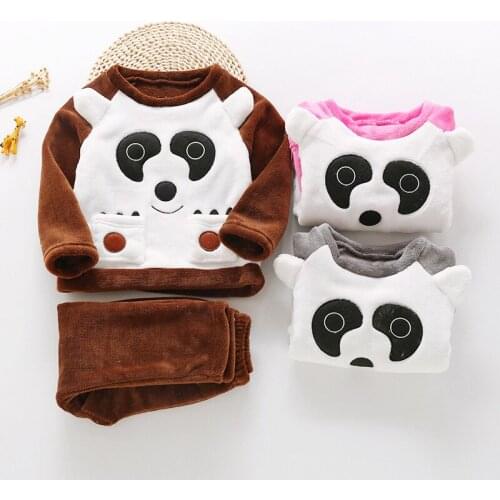 Childrens long sleeved pajamas set cartoon girls and boys autumn and winter flannel Home wear kids coral velvet sleepwear suit