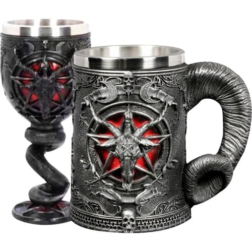 Middle Ages Gothic Pentagram Horn Beer Mug Stainless Steel 3D Resin Coffee Drinkware Goblet Cup BEST Mystic Wicca Fan Gift