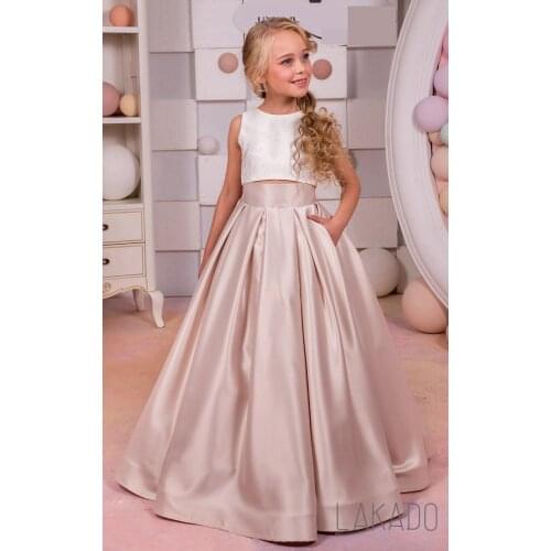 Girls Two Piece Pageant Dress Satin Birthday Party Dress for 4-14 years with Elegant Pocket