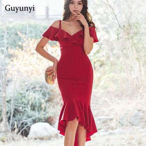 Red Elegant Party Dress 2021 Summer Sleeveless Spaghetti Strap V-Neck Decorative Ruffle Mermaid Hem Sexy Club Dress Women