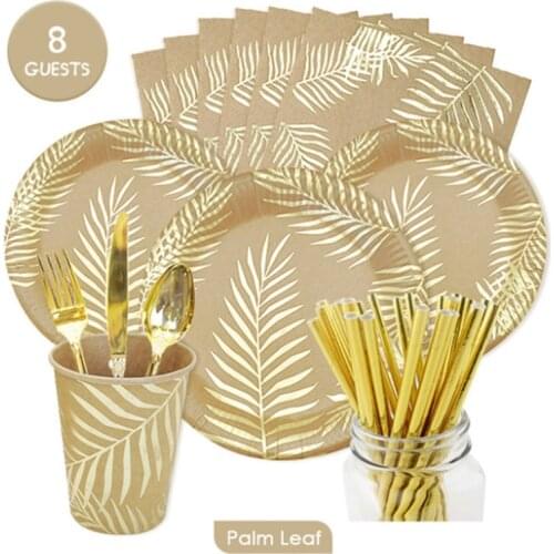 Nature Golden Palm Leaf Party Paper Plates Cups Napking Environmentally Friendly Disposable Cutlery