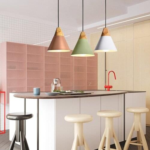 Nordic LED E27 Aluminum Wood Pendant Lights Home Decorate Colorful Bedroom Dining Living Room Single Head Hanging Lamp Fixtures