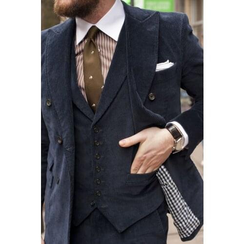 2017 Latest Coat Pant Design Navy Blue Corduroy Men Suit Slim Fit Skinny 3 Piece Groom Tuxedo Custom Prom Blazer Terno Masculino