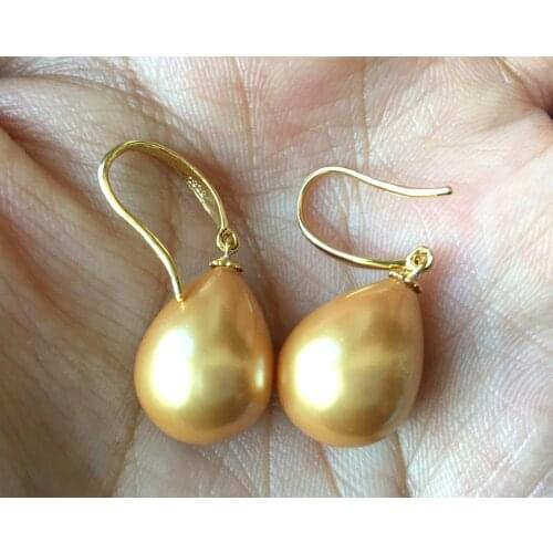 GENUINE 12-16MM AAA Faint gold SOUTH SEA SHELL PEARLS EARRING 925 Silver-plated gold