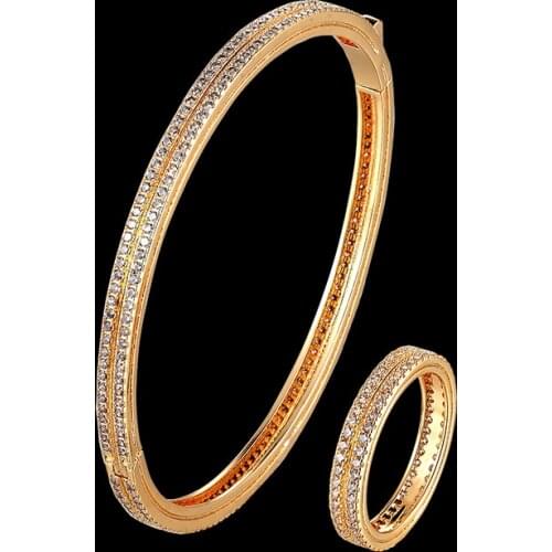 Simple Bangle and ring women’s jewelry set full zirconium micro inlays on both sides a groove in the middle fashion jewelry