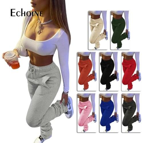 Echoine Women Fall Winter Stacked Sweatpants Fleece Thick high waist Sports Fitness Pocket Streetwear Flare Pant plus size S-3XL