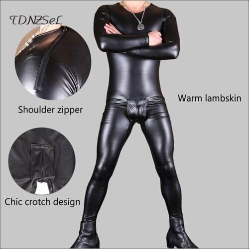 Sexy Faux Leather Suits Men Bodysuit Wet Leotard Zipper Costume Exotic Gay Fetish Jumpsuits Black PU Metallic Rompers New Custom