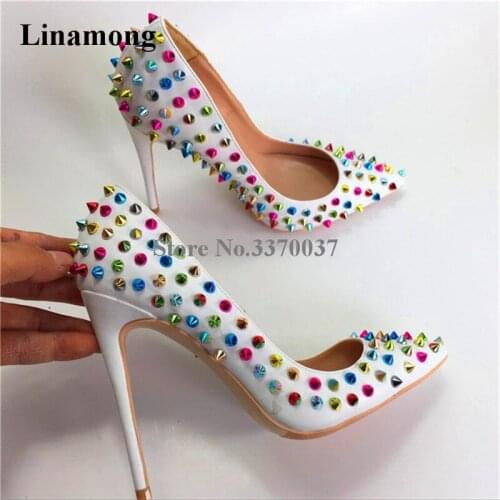 Brand Design Women Fashion Pointed Toe Mixed-colors Rivet Pumps 12cm White Nude Blue Spike High Heels Formal Dress Shoes