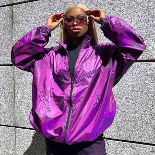 Hip-hop Style Long-sleeved Windbreaker Women Fashion Zipper Thin Coat BF Loose Colorful Stitching Drawstring Jacket Trench Coat