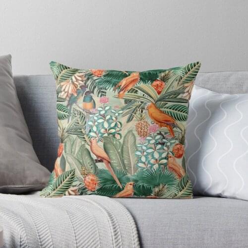 Vintage Orange Tropical Bird Jungle Garden Throw Pillow 100% Cotton Decor Pillow Case Home Cushion Cover 45*45cm