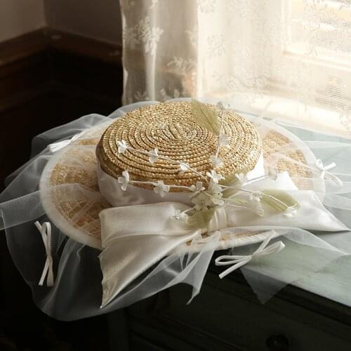 2020 Lolita Forest Vintage Straw Fedora Cap Flat Summer Spring Wedding Bride Hat Mesh Gauze Bow Party Fascinator Hat Headwear