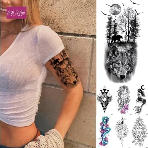 1pcs Forest Moon Temporary Tattoo Sticker Flying Bird Bear Flash Waterproof Tattoos Lion Wolf Tiger Body Art Arm Fake Tatoo Men