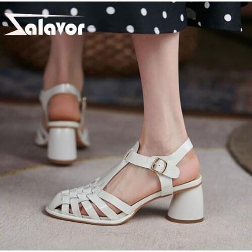 ZALAVOR Genuine Leather Sandals For Women Thick High Heels Round Toe Buckle Strap Solid Color Daily Female Footwear Size 34-39