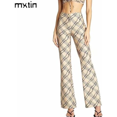 MXTIN 2021 Women Fashion Plaid Flare Pants Vintage High Waist Zipper Female Japanese Korean style Trousers Ropa Mujer