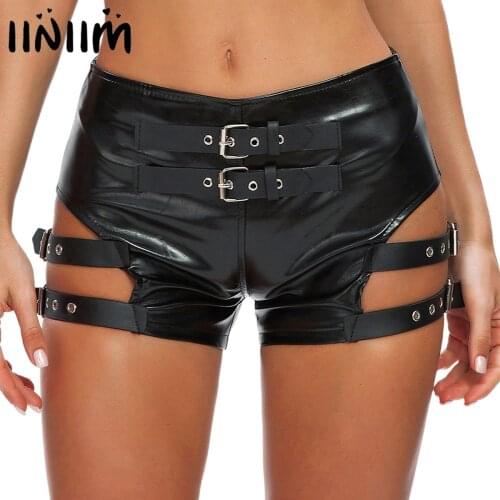 Womens Femme Fashion Shorts Pole Dancing Patent Leather Strappy Booty Shorts Ladies Party Nightclub Hot Pants Clubwear Costumes