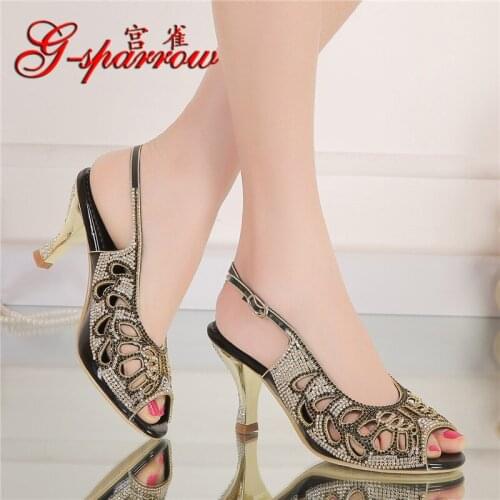 G-SPARROW 2018 Summer New Diamond Bohemian Sandals Female High Heeled Peep Toe Black Wedding Shoes For Bride