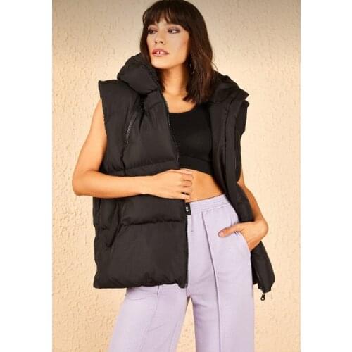 Women hooded pocket inflatable vest windproof vest cotton padded sleeveless jacket