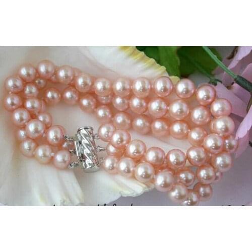 Hot sale FREE SHIPPING REAL 3row 8" 8-9mm pink fw pearl bracelet bangle Natural