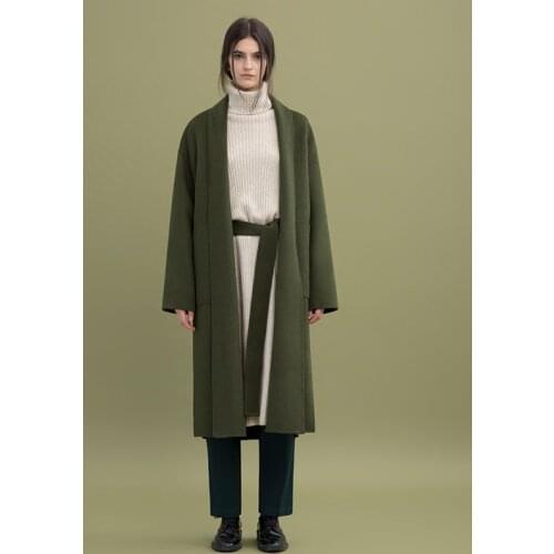 Fall Winter 2019 simple with belt robe style long handmade double faced wool coat women