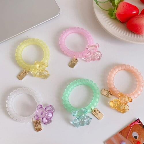 2pc/lot Korean version candy color high elastic telephone rope metal pendant hair ring transparent cute little bear hair rope