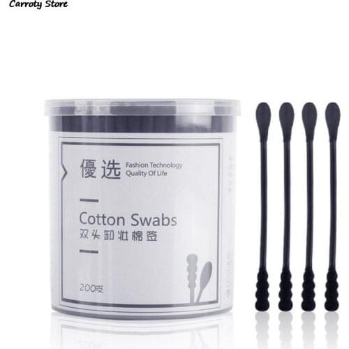200pcs Double Heads Disposable Cotton Swab Spiral Ear Cleaner Black Medical Swab Lipstick Eyebrow Eyelash Cotton Bud Makeup Tool