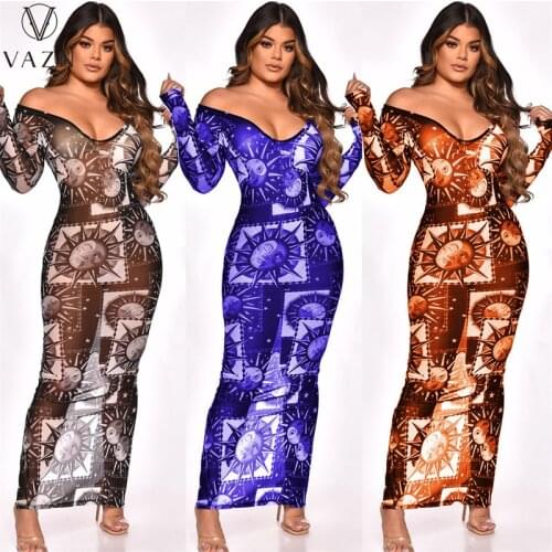 VAZN 2021 Autumn See Through Lace Retro Long Dress Sexy Club Slash Neck Full Sleeve Thin Women Mani Dress Vestido