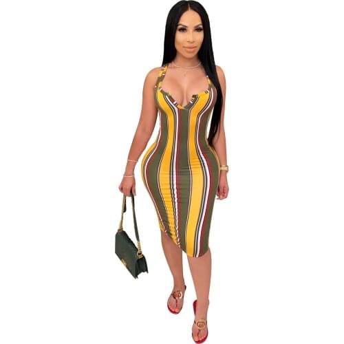 DPSDE 2020 fashion hot sale women sexy holiday style long dresses sleeveless deep v striped 2 color mid long dresses
