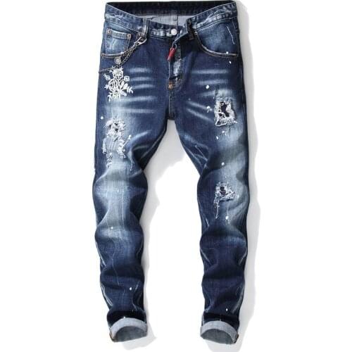 European Style Jeans dsq Italy Brand Men Slim Jeans Pants Mens Denim Trousers Zipper Blue Hole Pencil Pants Jeans for Men