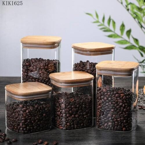 European Transparent Glass Food Storage Jar with Wooden Lid Square Tea Canister Household Coffee Bean Candy Sealed Storage Jar