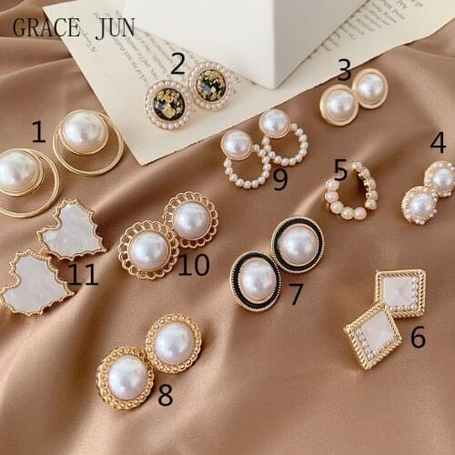 GRACE JUN Fashion Simulated Pearl Geometric Heart Clip on Earrings No Pierced for Women Girl Fake Piercing Gold Color Ear Clip