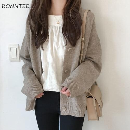 Cardigan Women Button V-neck Knitting Casual Loose Outwear Autumn Leisure Solid Simple Students School Korean Style Daily Womens