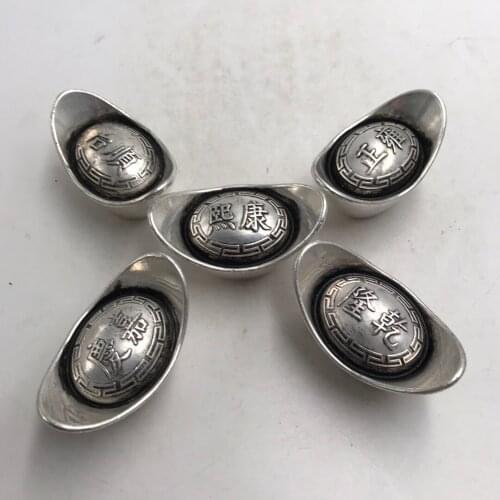 Collection China Archaize Five Emperors of the Qing Dynasty White Copper Silver Plated 5 Two Ingots Statue Decoration