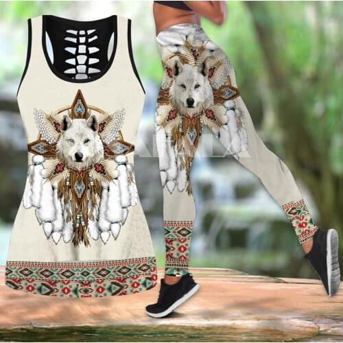 Native Indian Wolf Animal Art Two Piece Yoga Set Women 3D Print Hollow Out Tank Top High Waist Legging Summer Casual Sport-11