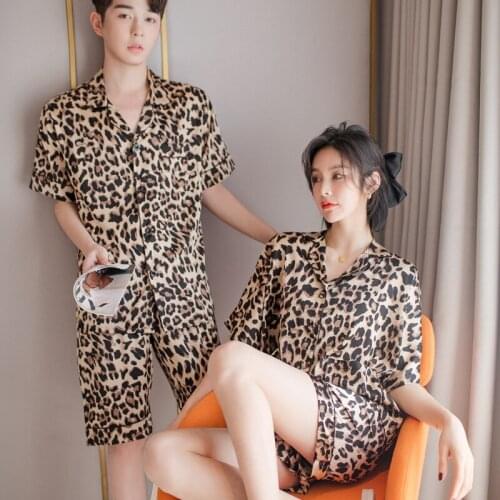 Summer New Fashion Leopard Couple Pajama Sets Imitated Silk Fabric Pyjama Suit Nightwear Lovers' Short Sleeve Shorts