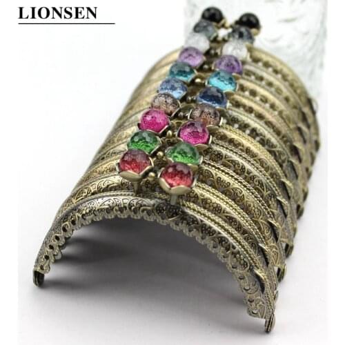 LIONSEN 8.5cm Lotus Head Coral Beads Bronze Metal Purse Frame Handle for Clutch Bag Handbag Accessories Making Kiss Clasp Lock