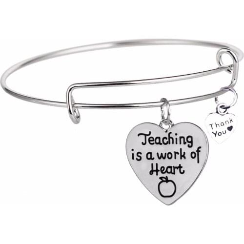 Love Heart Apple Teachers Bangles Teaching Is A Work Of Heart Thank You Charms Bangle Gifts Teacher Bracelet School Jewelry New