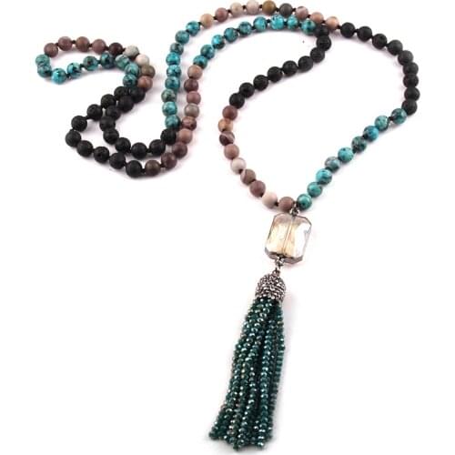 Fashion Jewelry 108 Beads Multi Stone Knotted Crystal Link Glass Tassel Pendant Necklace Wome Yoga Necklace
